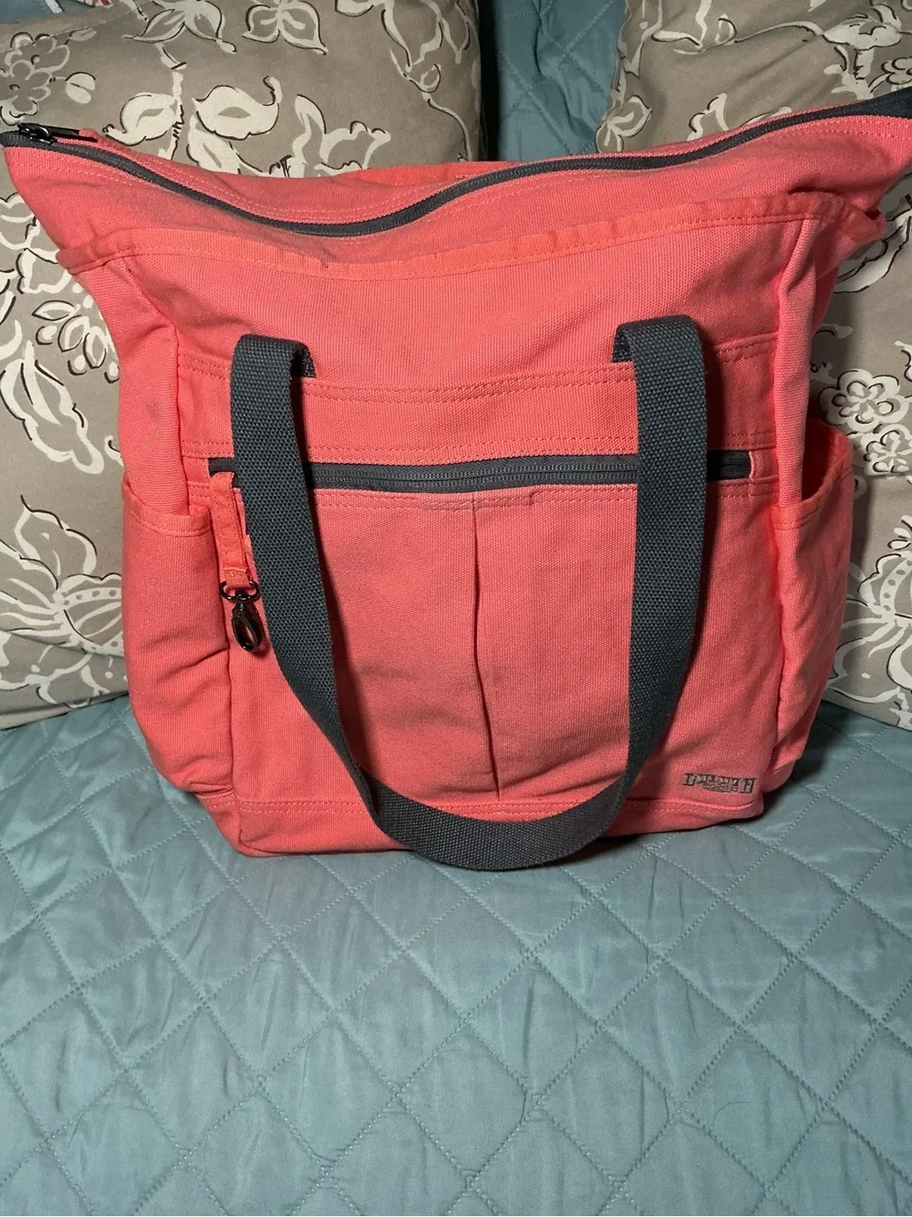 Duluth Trading Co Coral Canvas Tote with Gray Handles